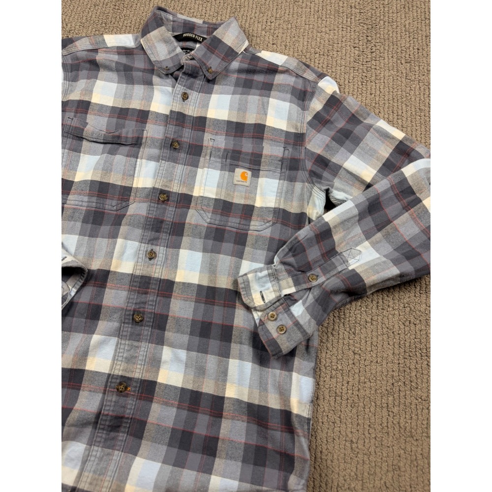 Carhartt Rugged Flex Plaid‎ Flannel Shirt Mens Medium Relaxed Fit Blue Grey